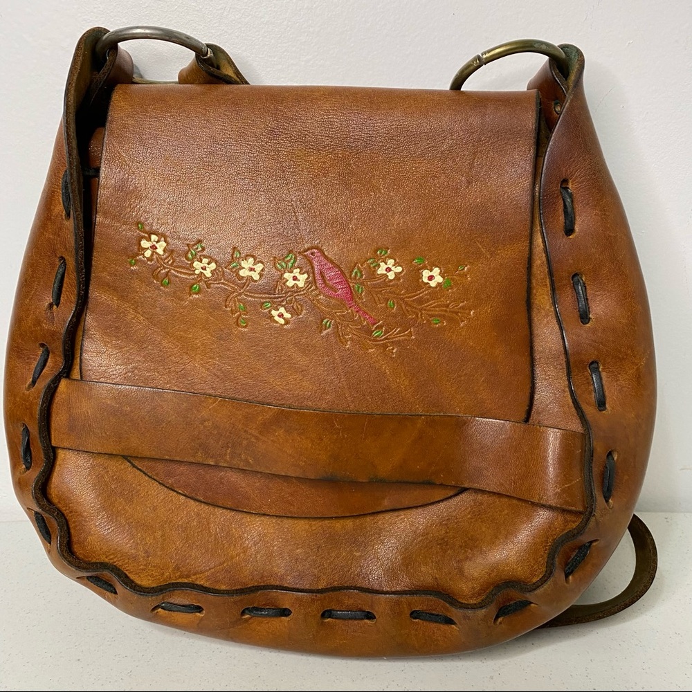 Vintage Tooled Leather Floral Bird/Cardinal Saddlebag Purse Crossbody